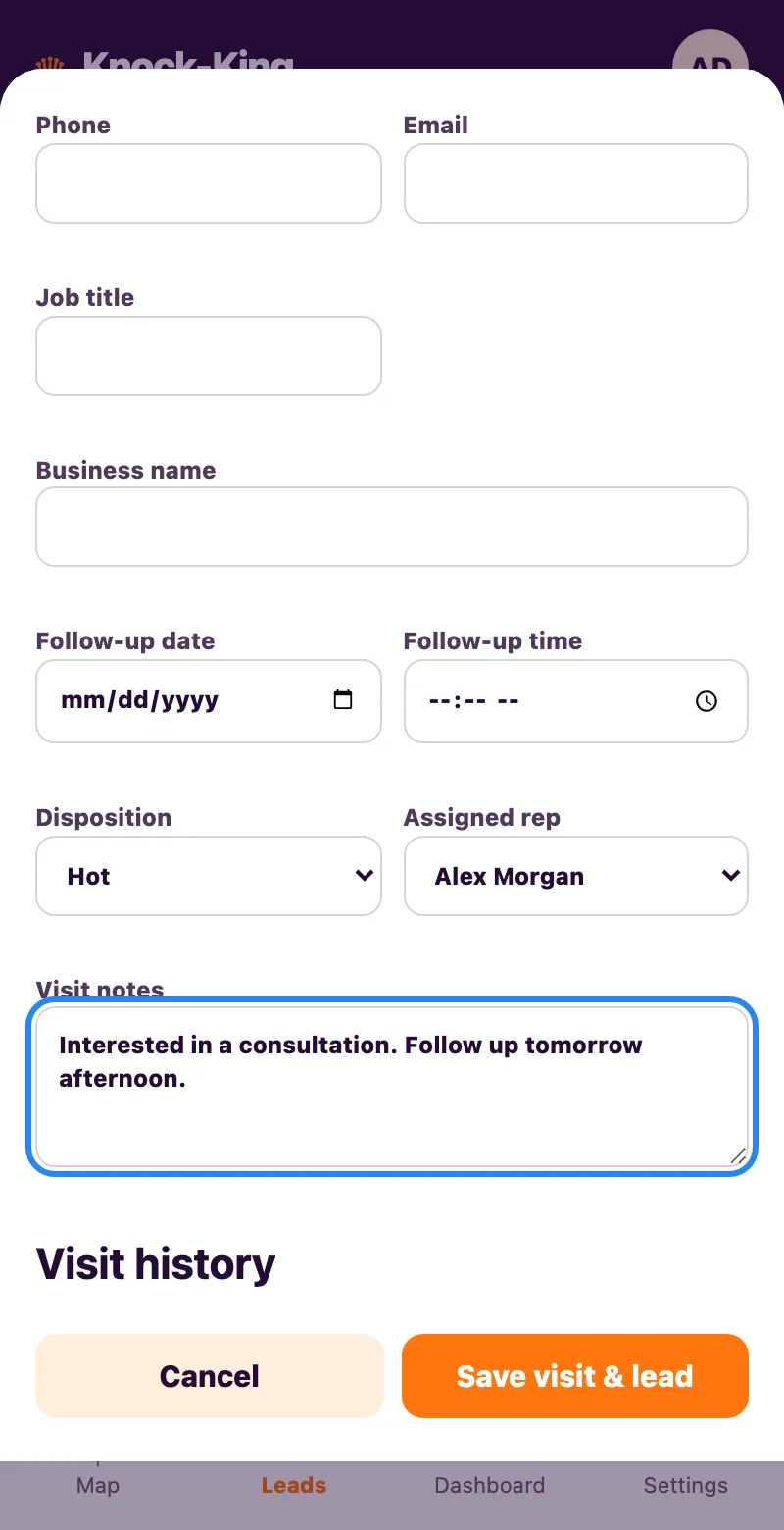 Lead profile showing contact fields, visit notes and a follow-up date and time.